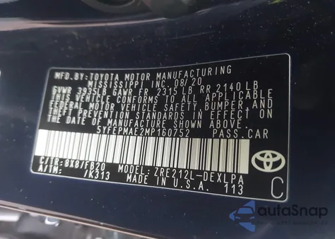 2021 Toyota Corolla Le from USA, damaged, VIN 5YFEPMAE2MP160752